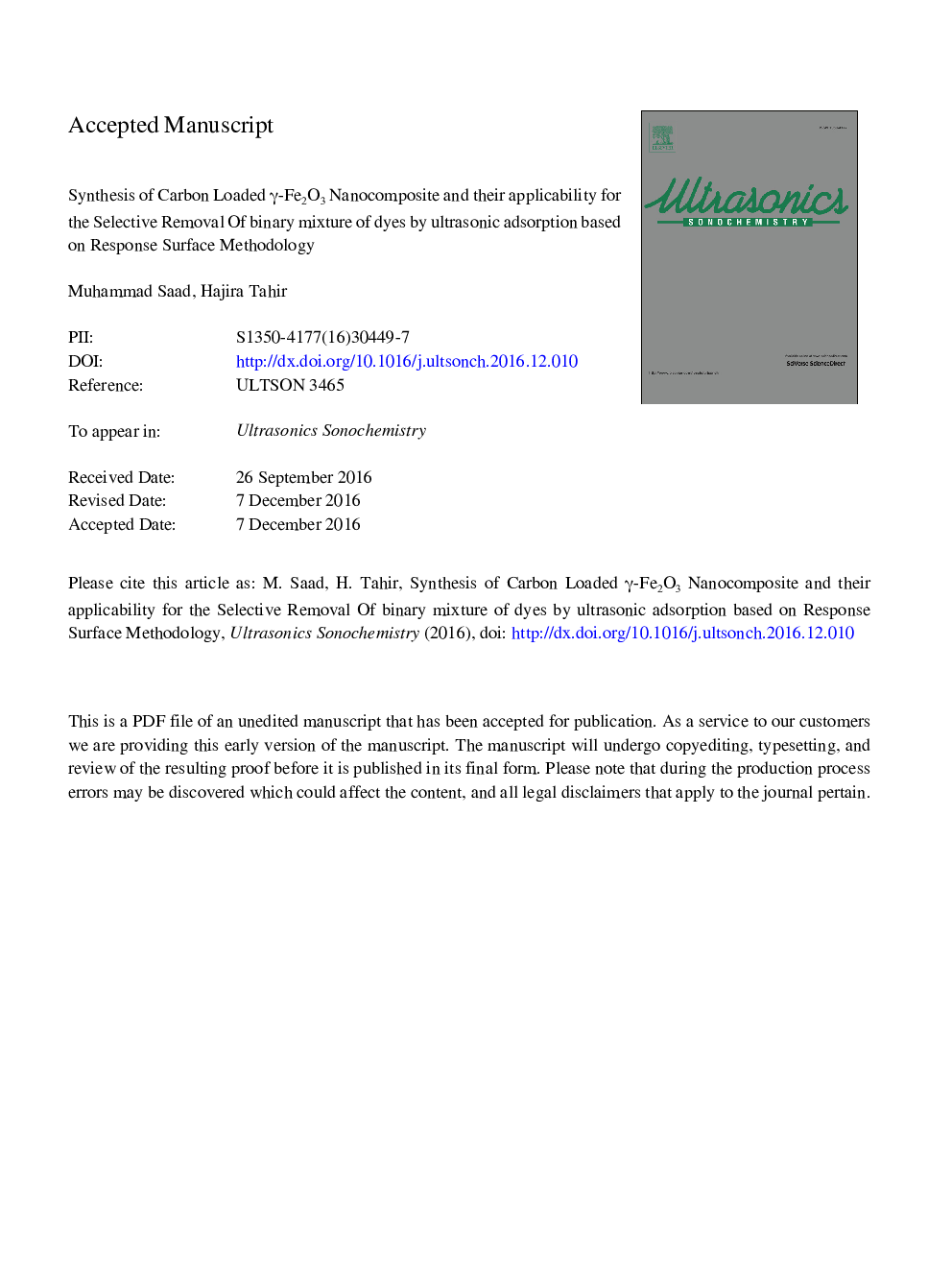 Synthesis of carbon loaded Î³-Fe2O3 nanocomposite and their applicability for the selective removal of binary mixture of dyes by ultrasonic adsorption based on response surface methodology