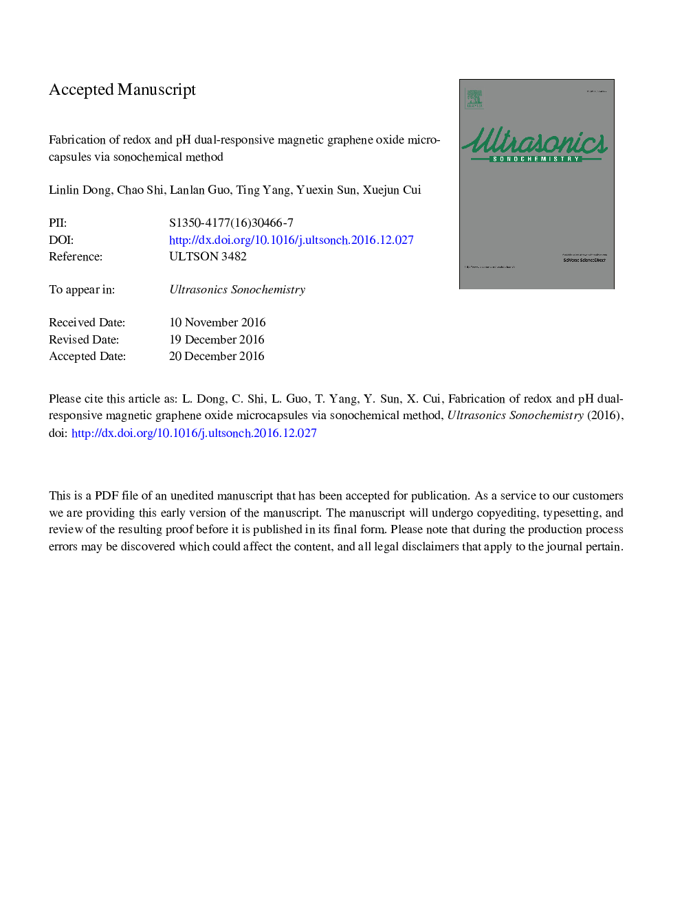 Fabrication of redox and pH dual-responsive magnetic graphene oxide microcapsules via sonochemical method