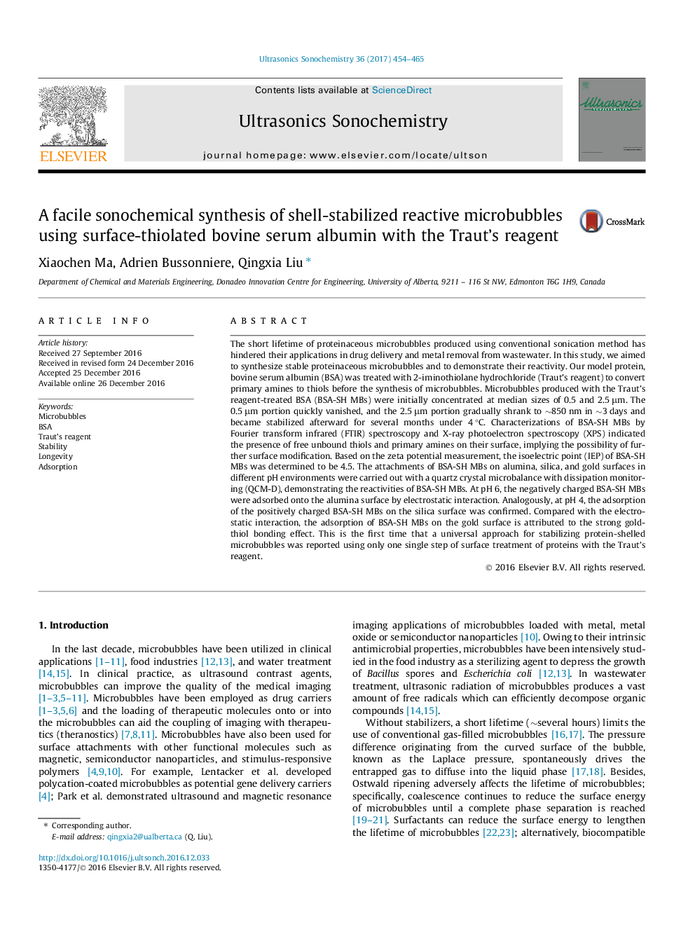 A facile sonochemical synthesis of shell-stabilized reactive microbubbles using surface-thiolated bovine serum albumin with the Traut's reagent