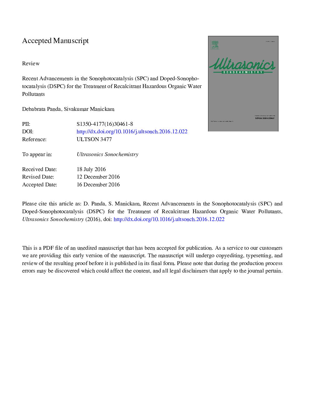 Recent advancements in the sonophotocatalysis (SPC) and doped-sonophotocatalysis (DSPC) for the treatment of recalcitrant hazardous organic water pollutants