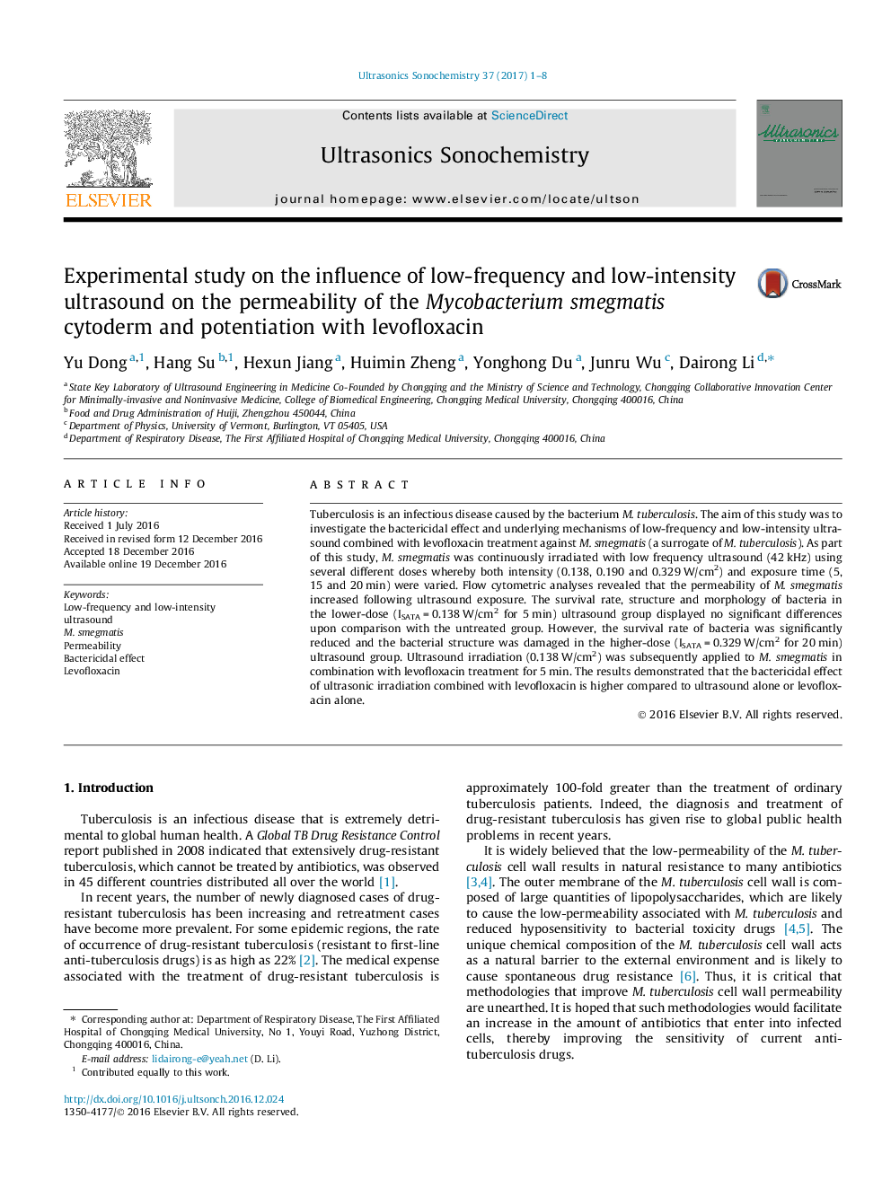 Experimental study on the influence of low-frequency and low-intensity ultrasound on the permeability of the Mycobacterium smegmatis cytoderm and potentiation with levofloxacin