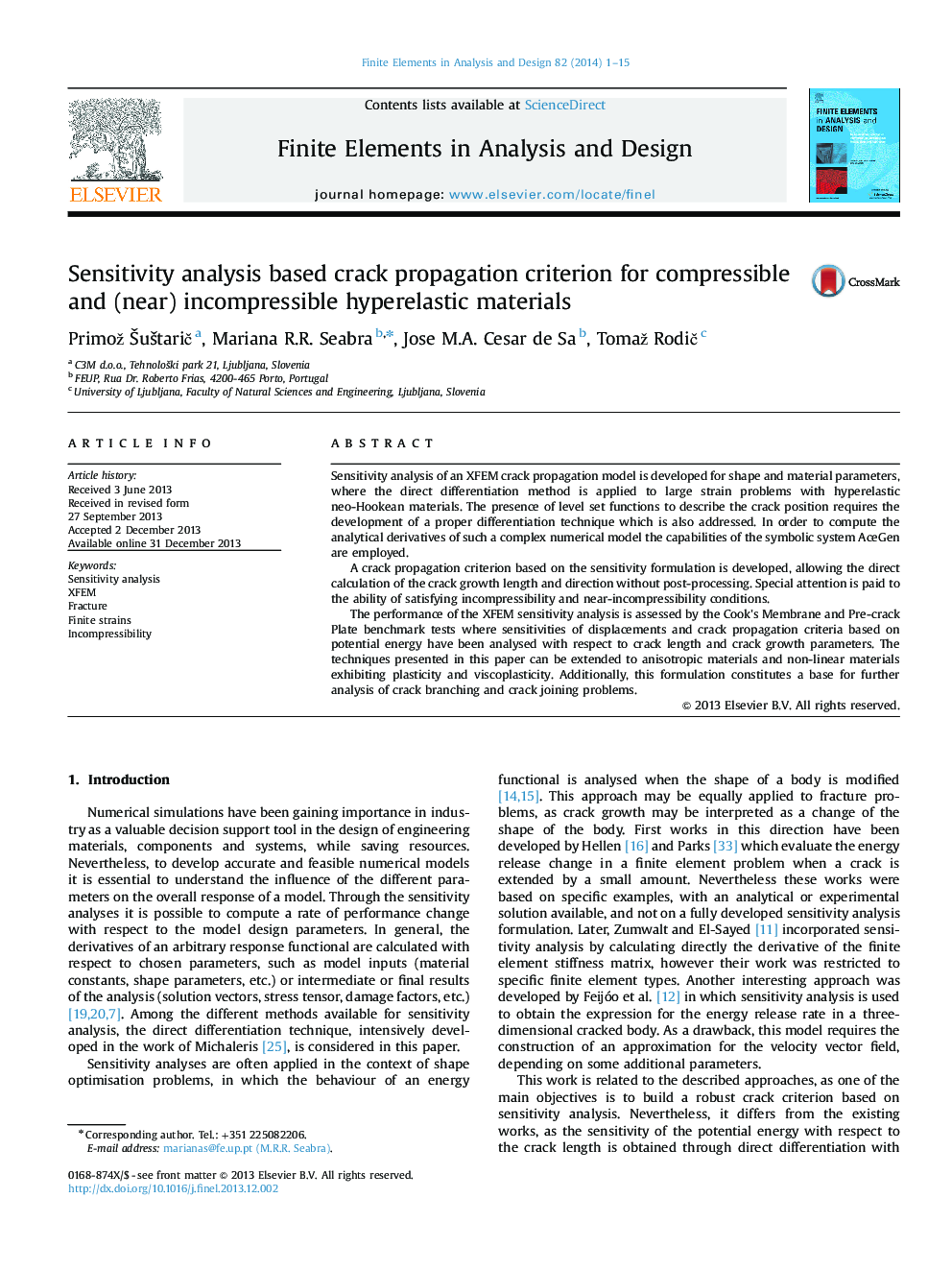 Sensitivity analysis based crack propagation criterion for compressible and (near) incompressible hyperelastic materials