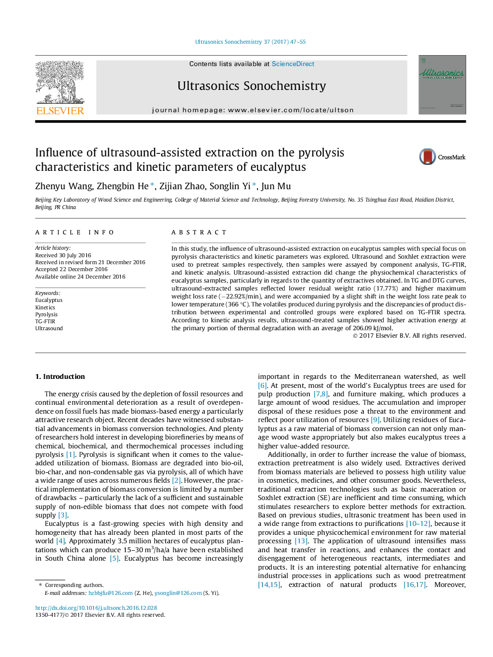 Influence of ultrasound-assisted extraction on the pyrolysis characteristics and kinetic parameters of eucalyptus