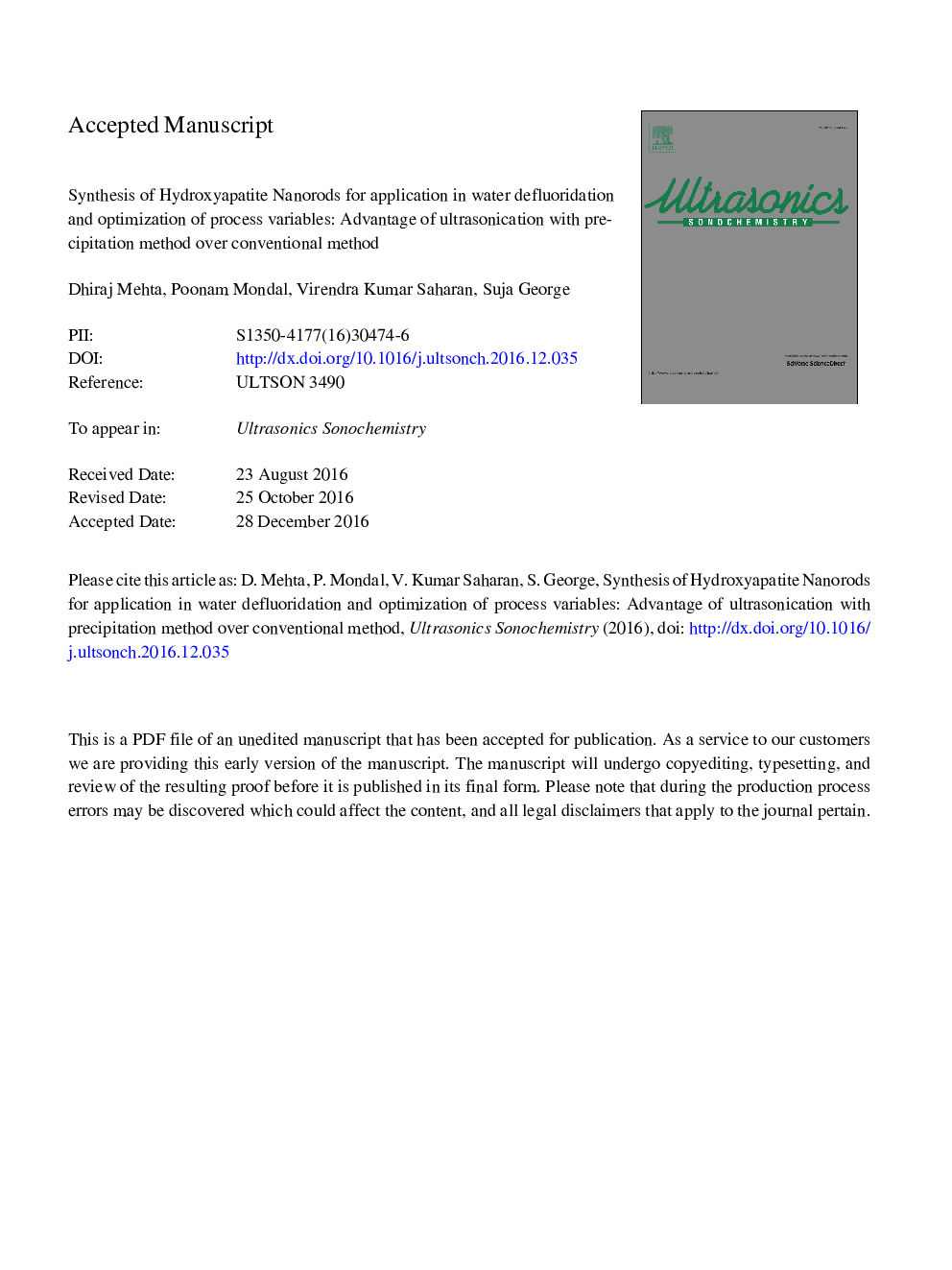 Synthesis of hydroxyapatite nanorods for application in water defluoridation and optimization of process variables: Advantage of ultrasonication with precipitation method over conventional method