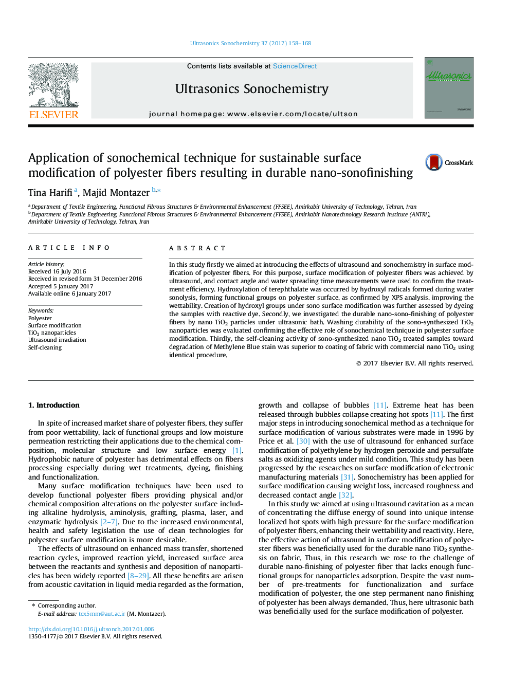 Application of sonochemical technique for sustainable surface modification of polyester fibers resulting in durable nano-sonofinishing