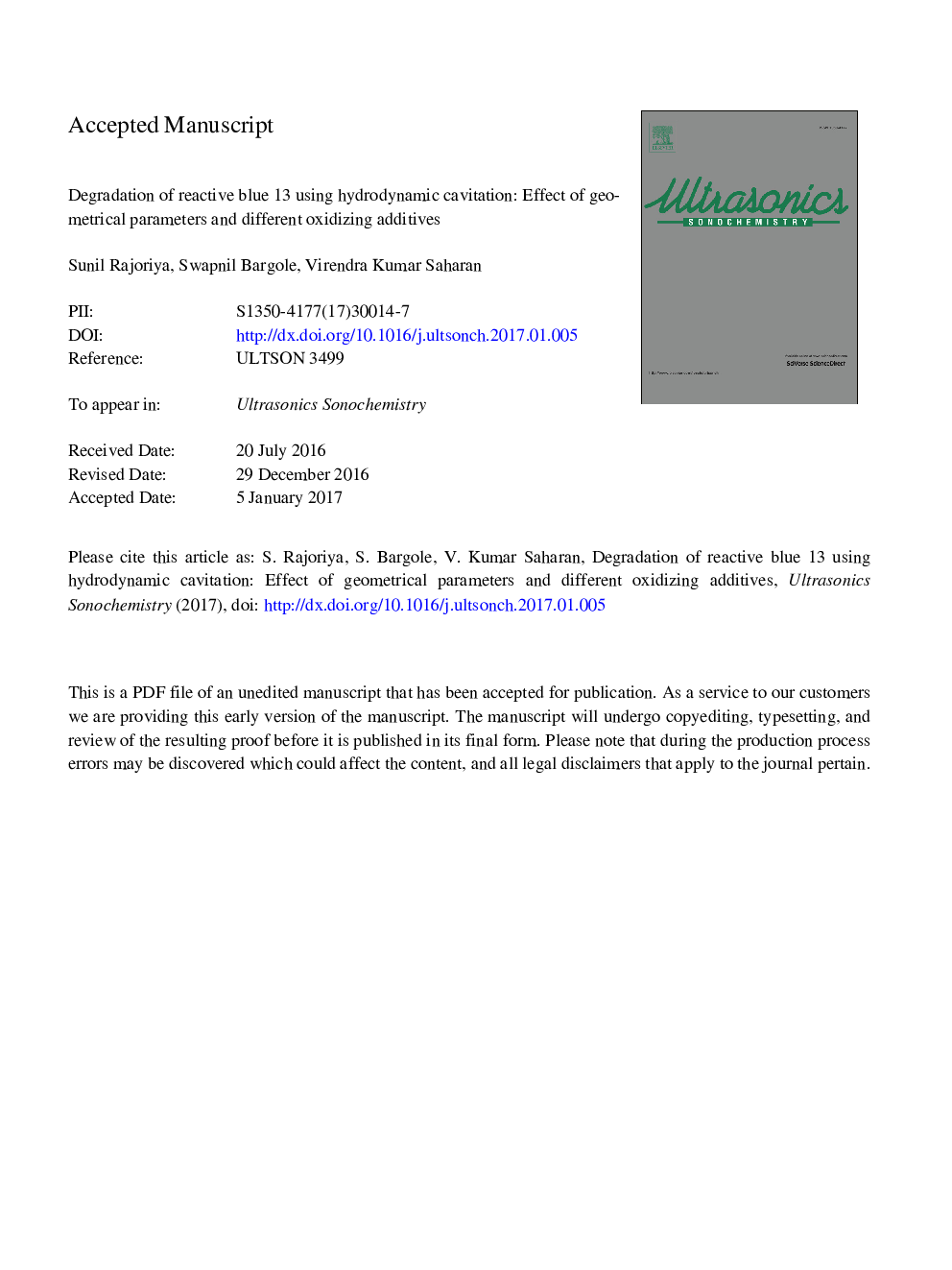 Degradation of reactive blue 13 using hydrodynamic cavitation: Effect of geometrical parameters and different oxidizing additives