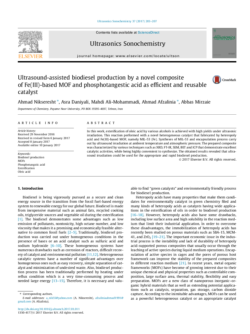 Ultrasound-assisted biodiesel production by a novel composite of Fe(III)-based MOF and phosphotangestic acid as efficient and reusable catalyst