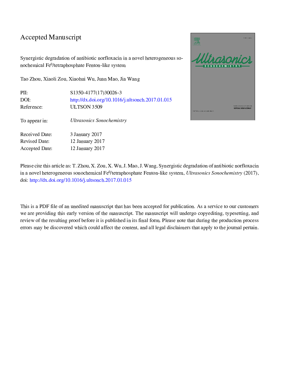 Synergistic degradation of antibiotic norfloxacin in a novel heterogeneous sonochemical Fe0/tetraphosphate Fenton-like system