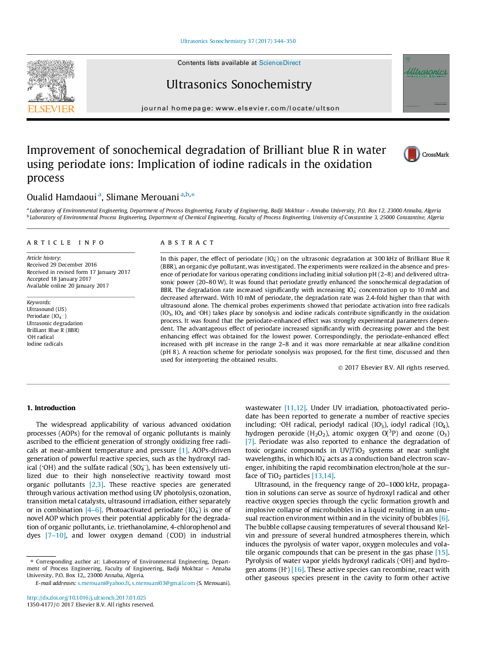 Improvement of sonochemical degradation of Brilliant blue R in water using periodate ions: Implication of iodine radicals in the oxidation process