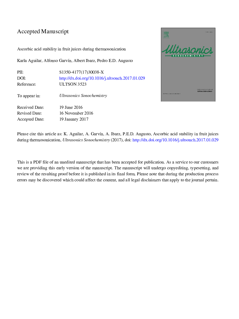 Ascorbic acid stability in fruit juices during thermosonication