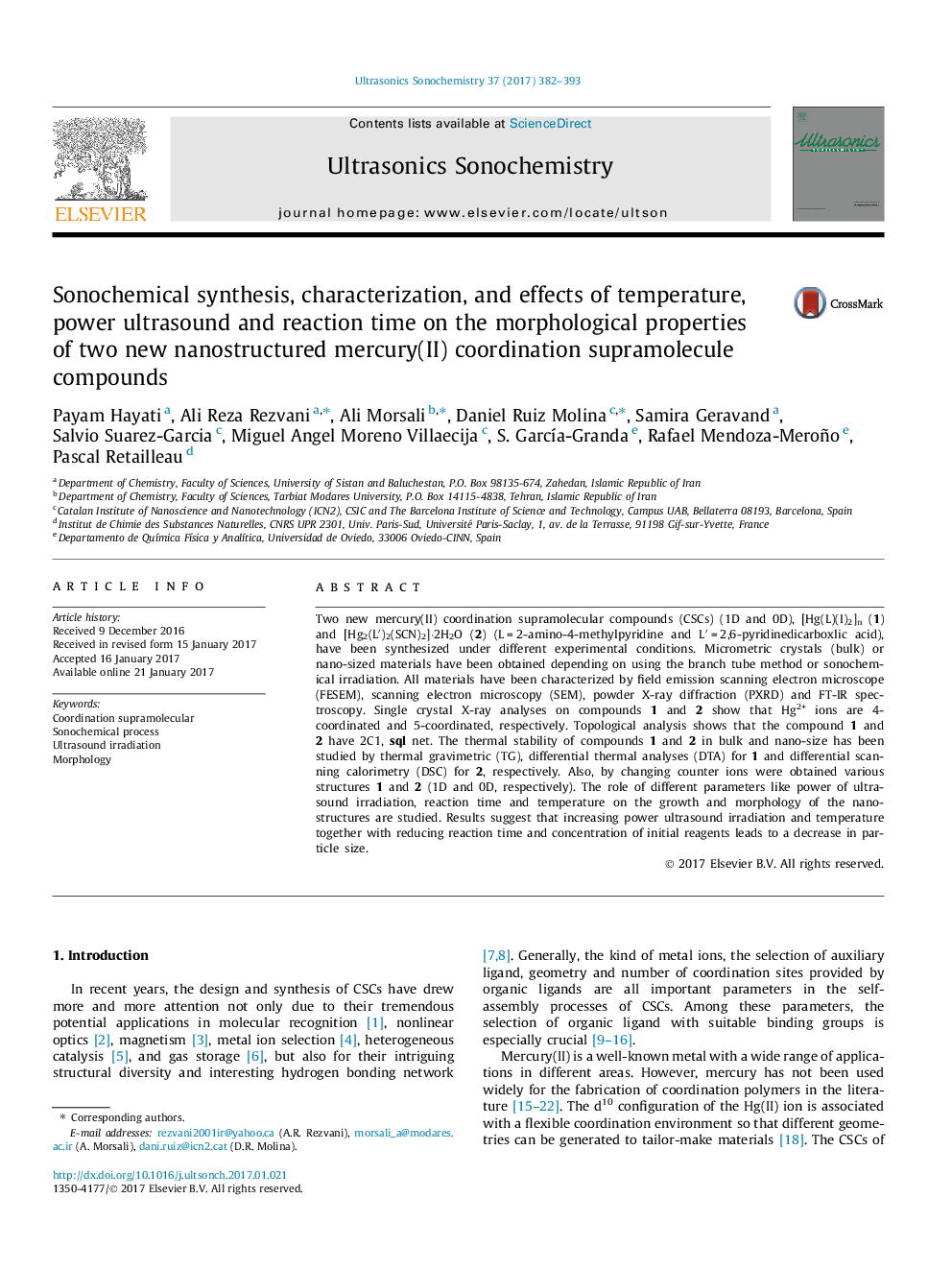 Sonochemical synthesis, characterization, and effects of temperature, power ultrasound and reaction time on the morphological properties of two new nanostructured mercury(II) coordination supramolecule compounds