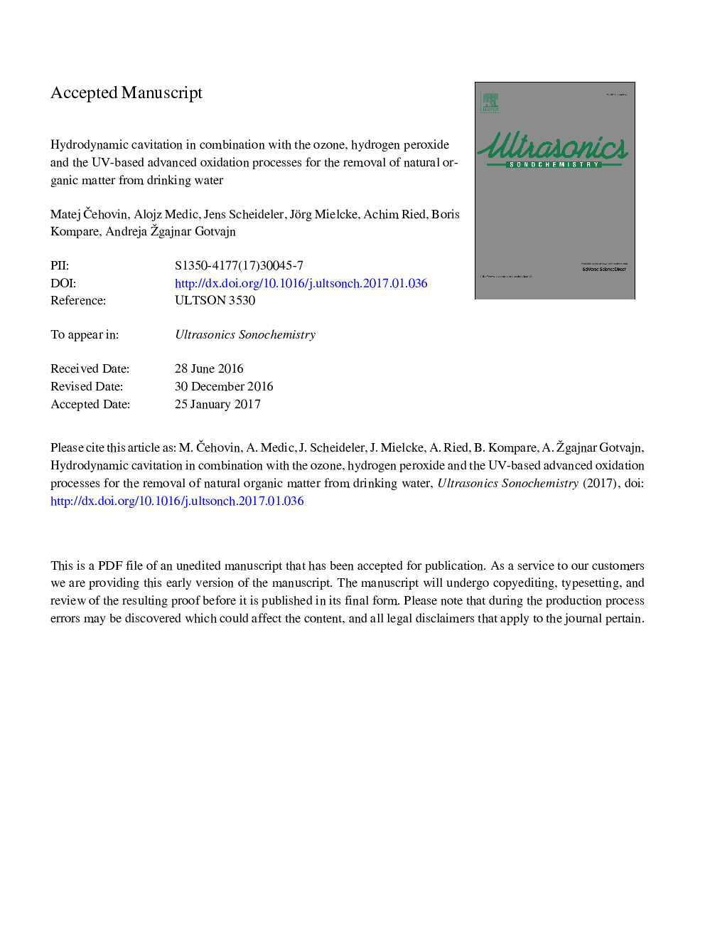 Hydrodynamic cavitation in combination with the ozone, hydrogen peroxide and the UV-based advanced oxidation processes for the removal of natural organic matter from drinking water