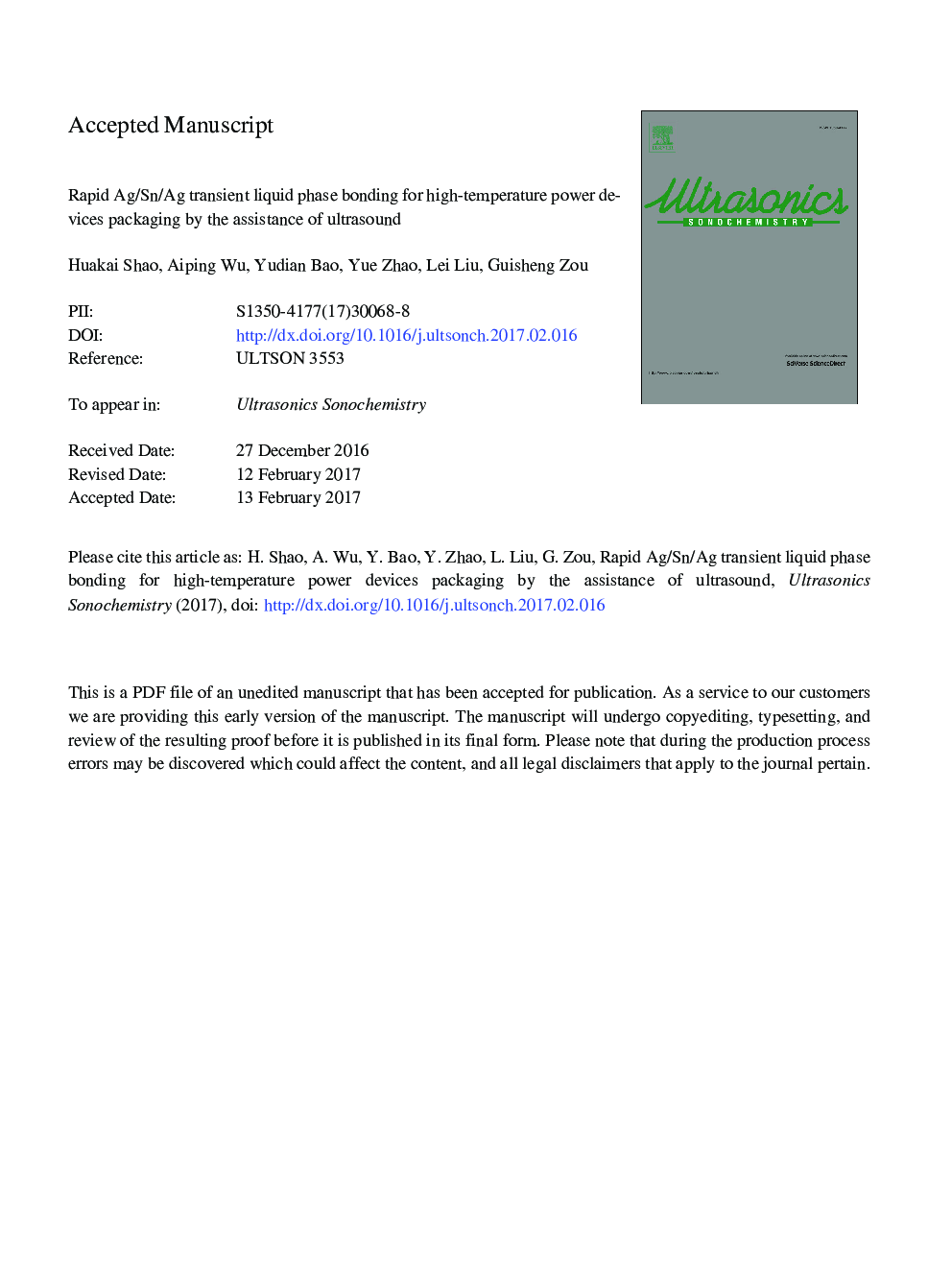 Rapid Ag/Sn/Ag transient liquid phase bonding for high-temperature power devices packaging by the assistance of ultrasound