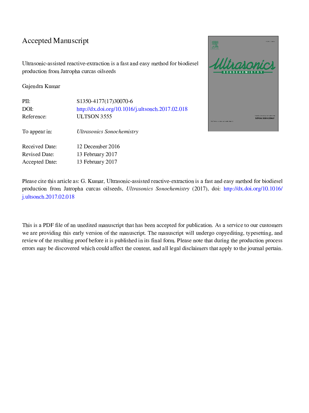 Ultrasonic-assisted reactive-extraction is a fast and easy method for biodiesel production from Jatropha curcas oilseeds