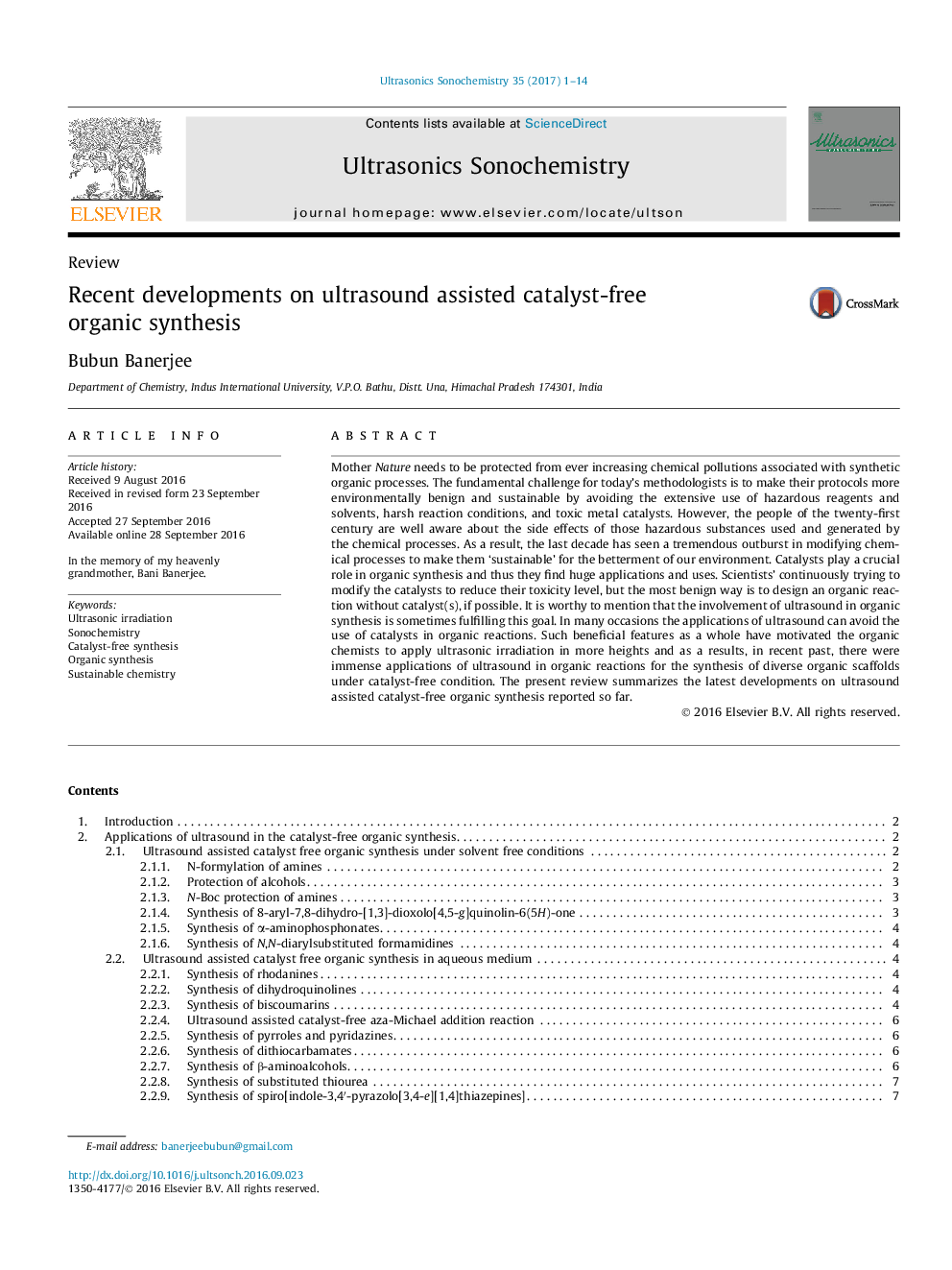 Recent developments on ultrasound assisted catalyst-free organic synthesis