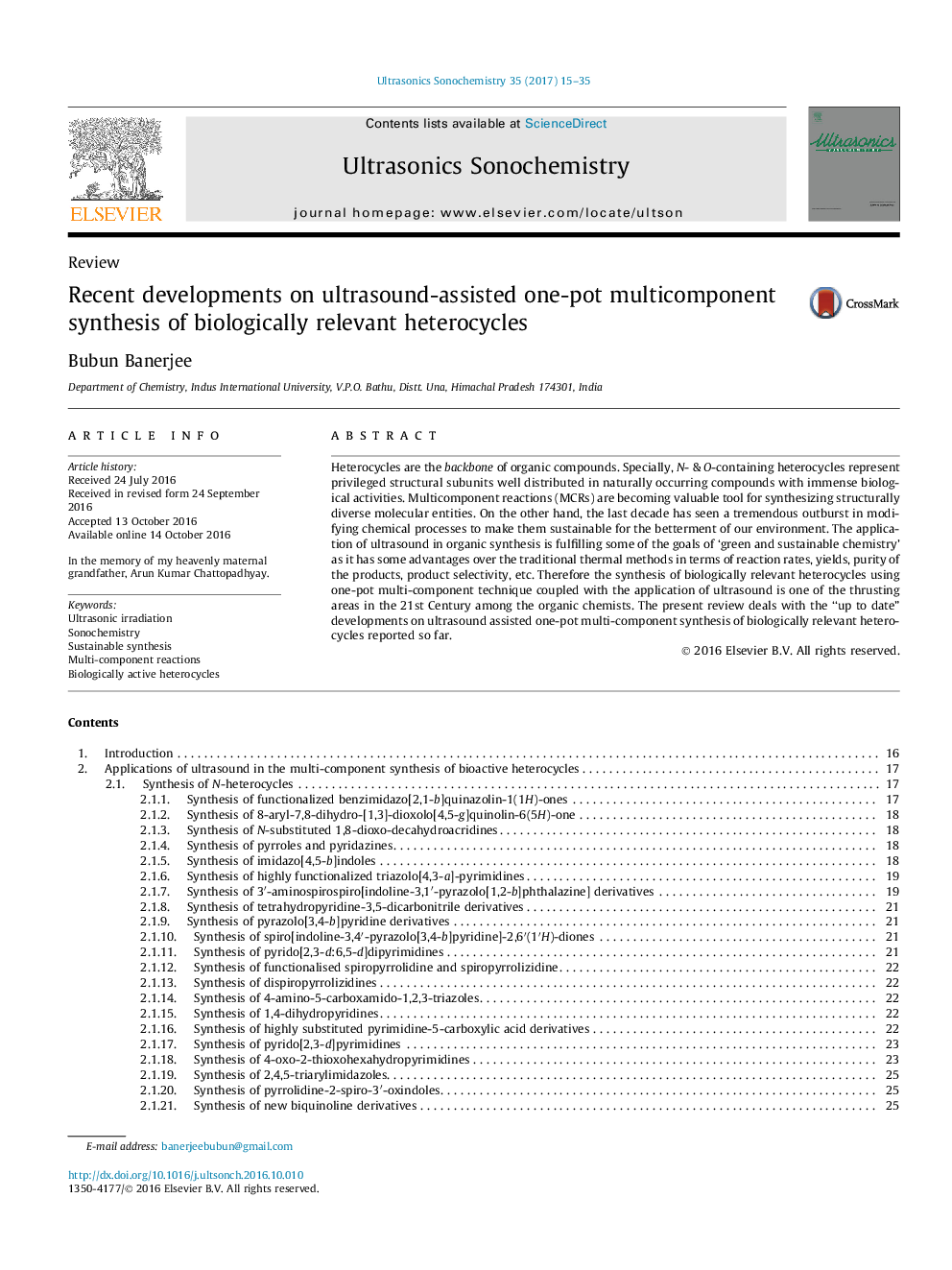 Recent developments on ultrasound-assisted one-pot multicomponent synthesis of biologically relevant heterocycles