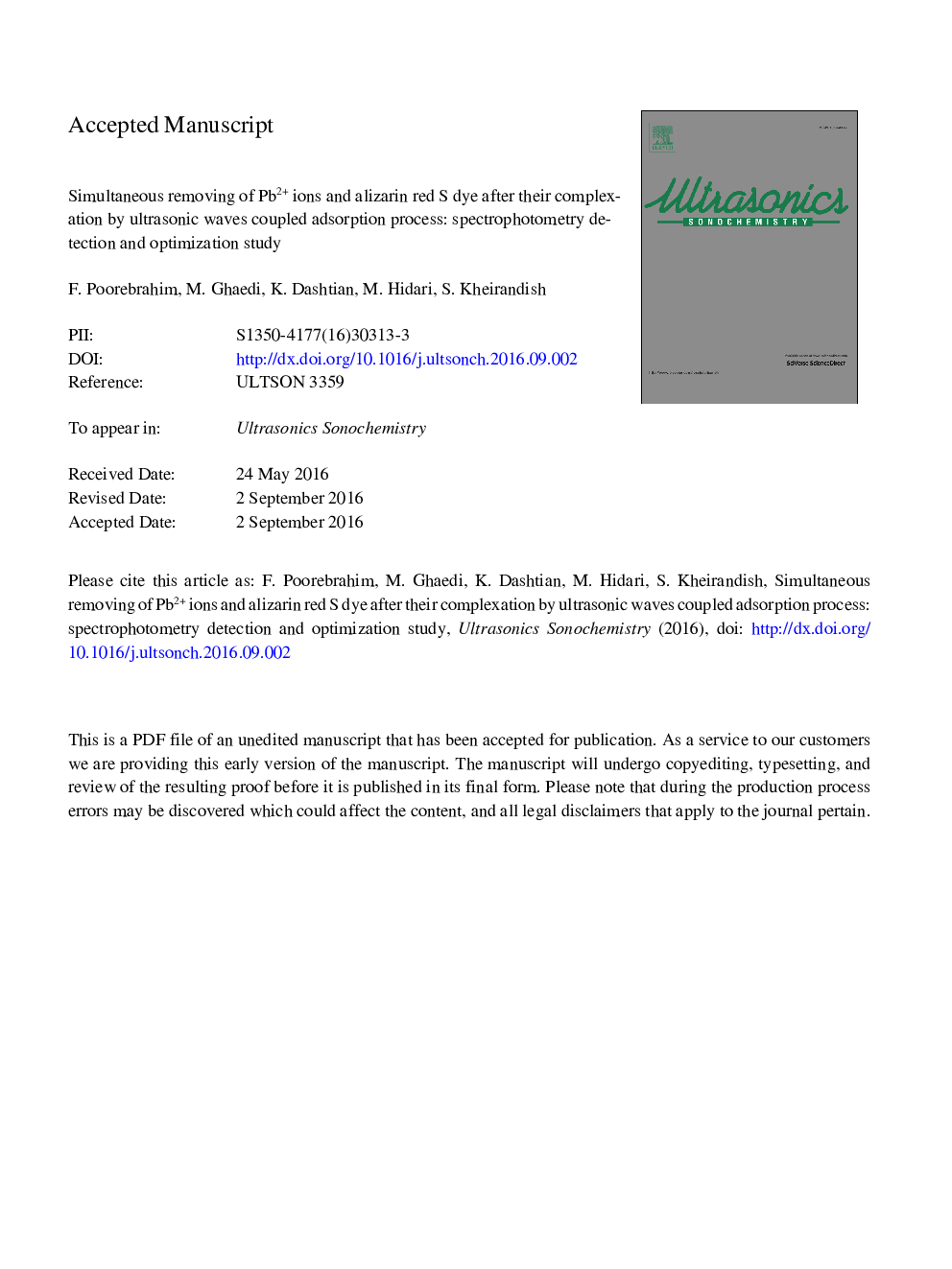 Simultaneous removing of Pb2+ ions and alizarin red S dye after their complexation by ultrasonic waves coupled adsorption process: Spectrophotometry detection and optimization study