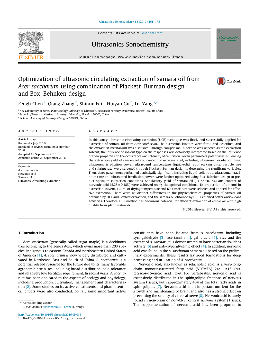 Optimization of ultrasonic circulating extraction of samara oil from Acer saccharum using combination of Plackett-Burman design and Box-Behnken design