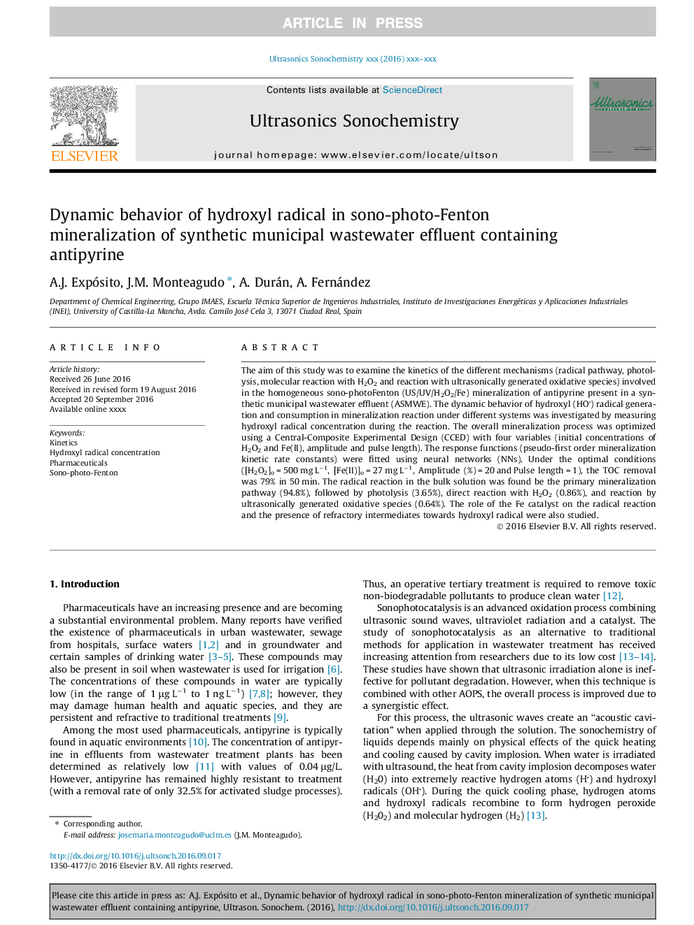عکس صفحه اول مقاله: Dynamic behavior of hydroxyl radical in sono-photo-Fenton mineralization of synthetic municipal wastewater effluent containing antipyrine Dynamic behavior of hydroxyl radical in sono-photo-Fenton mineralization of synthetic municipal wastewater effluent containing antipyrine