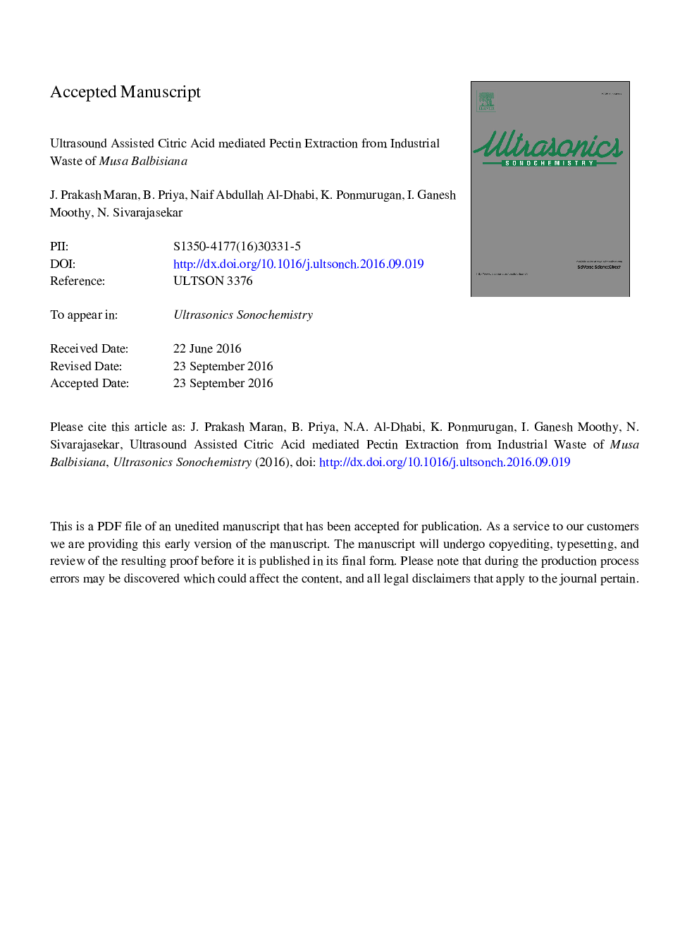 Ultrasound assisted citric acid mediated pectin extraction from industrial waste of Musa balbisiana