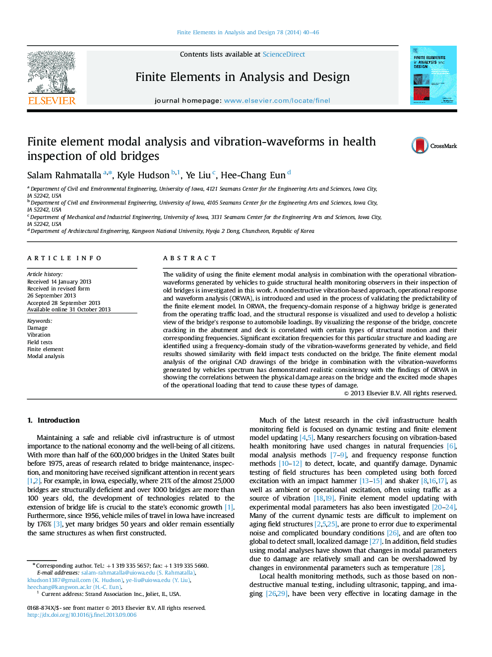 Finite element modal analysis and vibration-waveforms in health inspection of old bridges