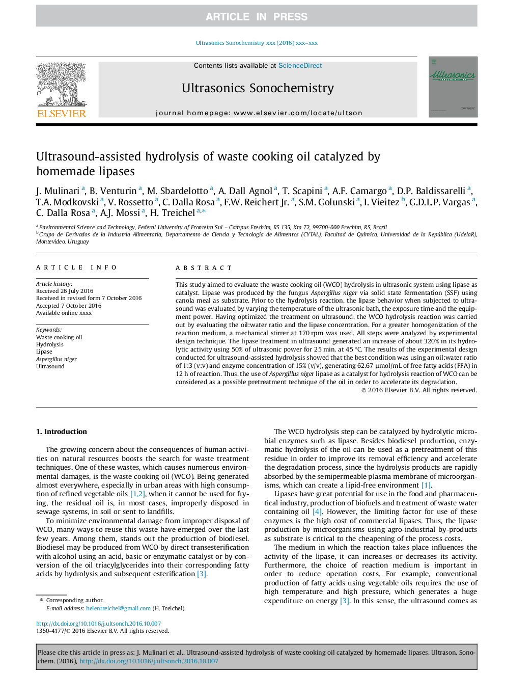 Ultrasound-assisted hydrolysis of waste cooking oil catalyzed by homemade lipases