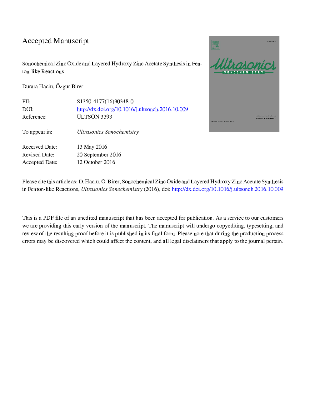 Sonochemical zinc oxide and layered hydroxy zinc acetate synthesis in fenton-like reactions