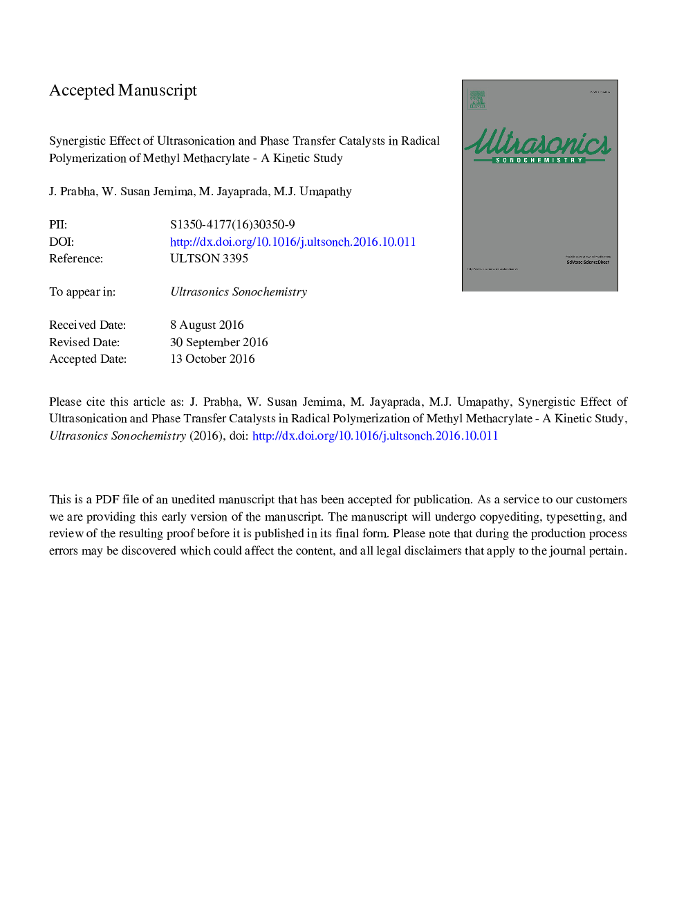 Synergistic effect of ultrasonication and phase transfer catalysts in radical polymerization of methyl methacrylate - A kinetic study