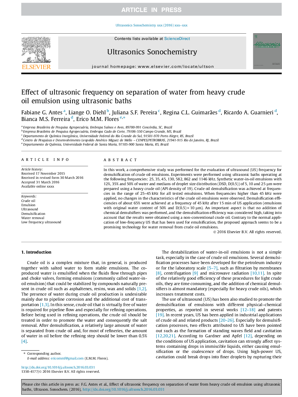 Effect of ultrasonic frequency on separation of water from heavy crude oil emulsion using ultrasonic baths