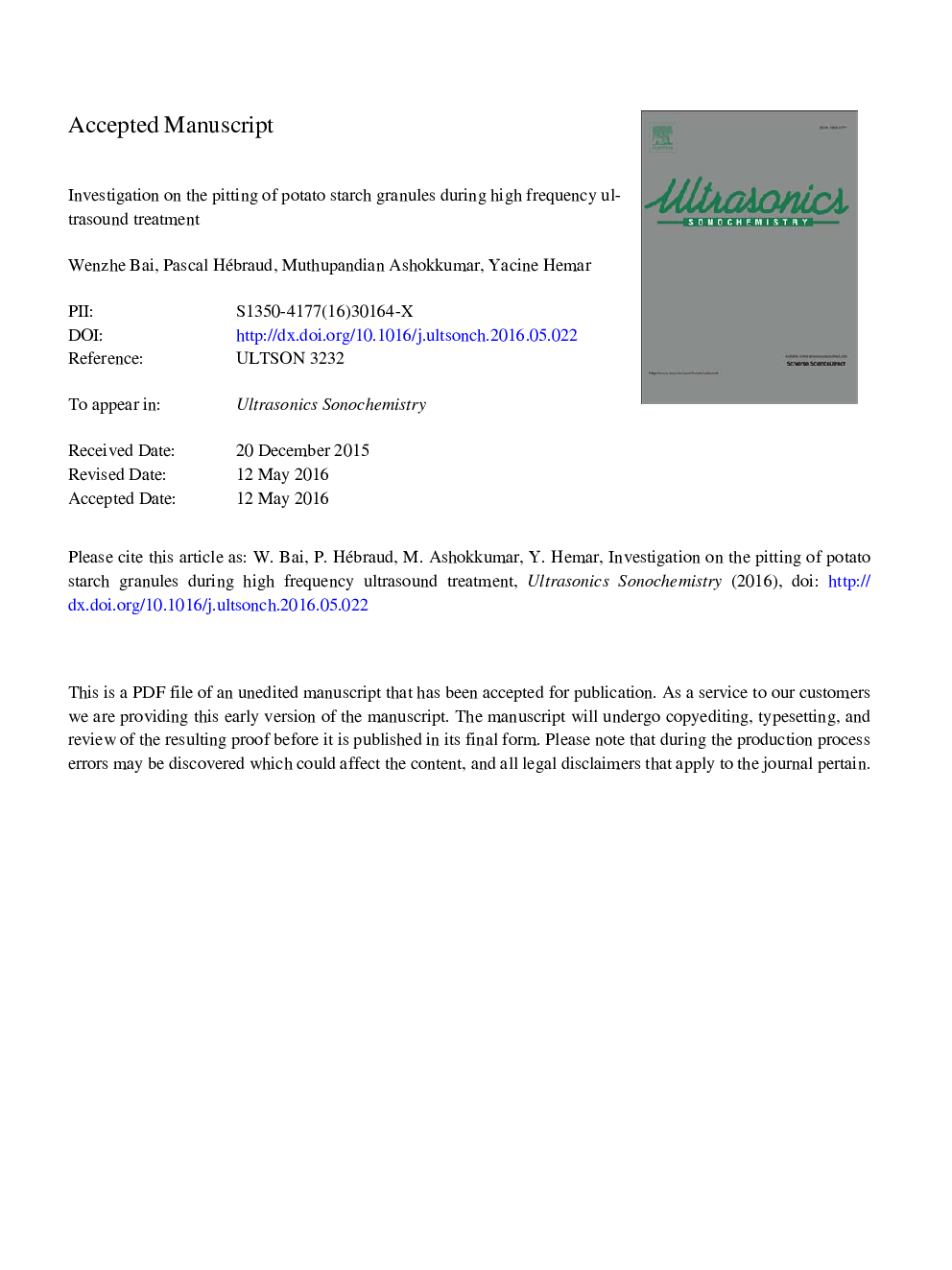 Investigation on the pitting of potato starch granules during high frequency ultrasound treatment