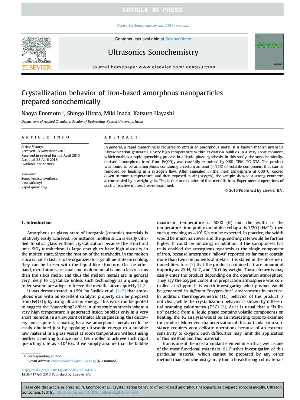 Crystallization behavior of iron-based amorphous nanoparticles prepared sonochemically