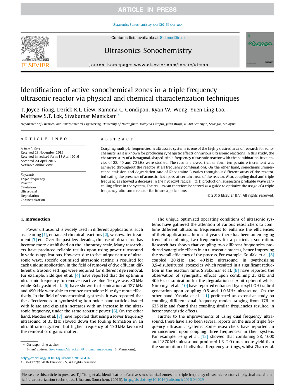 Identification of active sonochemical zones in a triple frequency ultrasonic reactor via physical and chemical characterization techniques