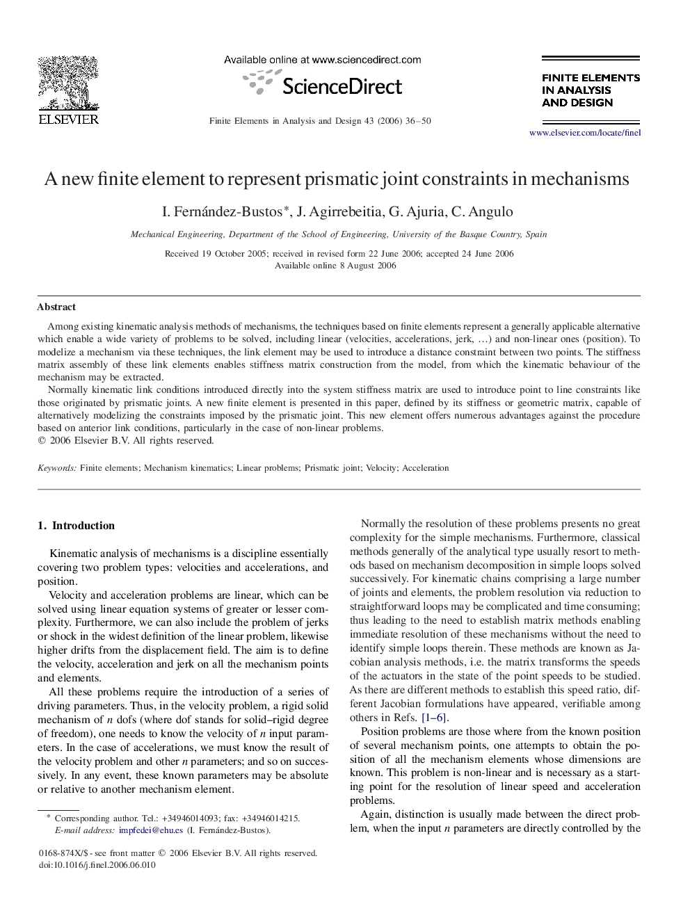 A new finite element to represent prismatic joint constraints in mechanisms