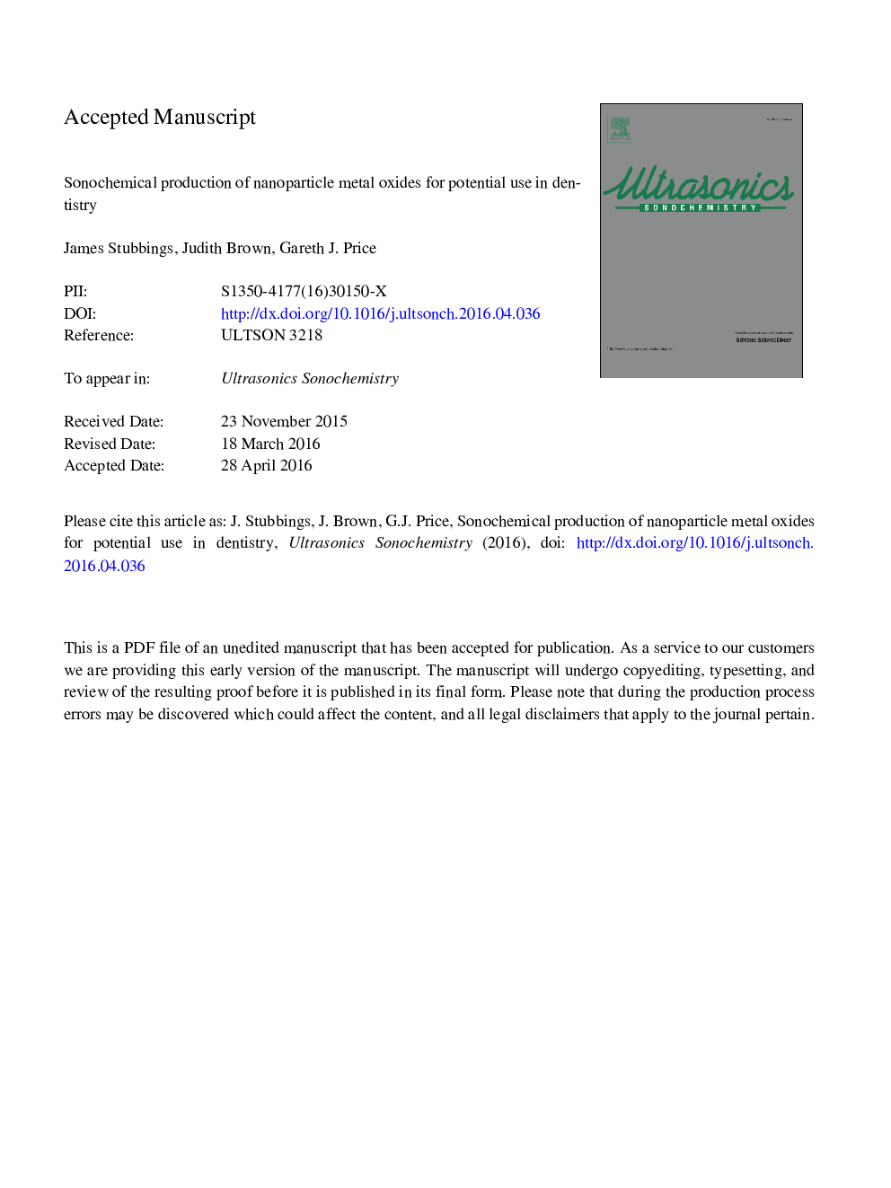 Sonochemical production of nanoparticle metal oxides for potential use in dentistry