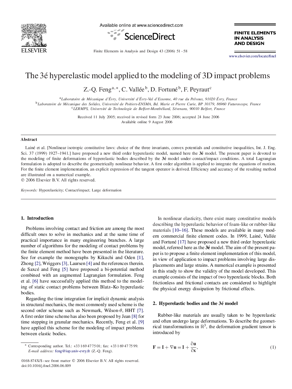 The 3é hyperelastic model applied to the modeling of 3D impact problems