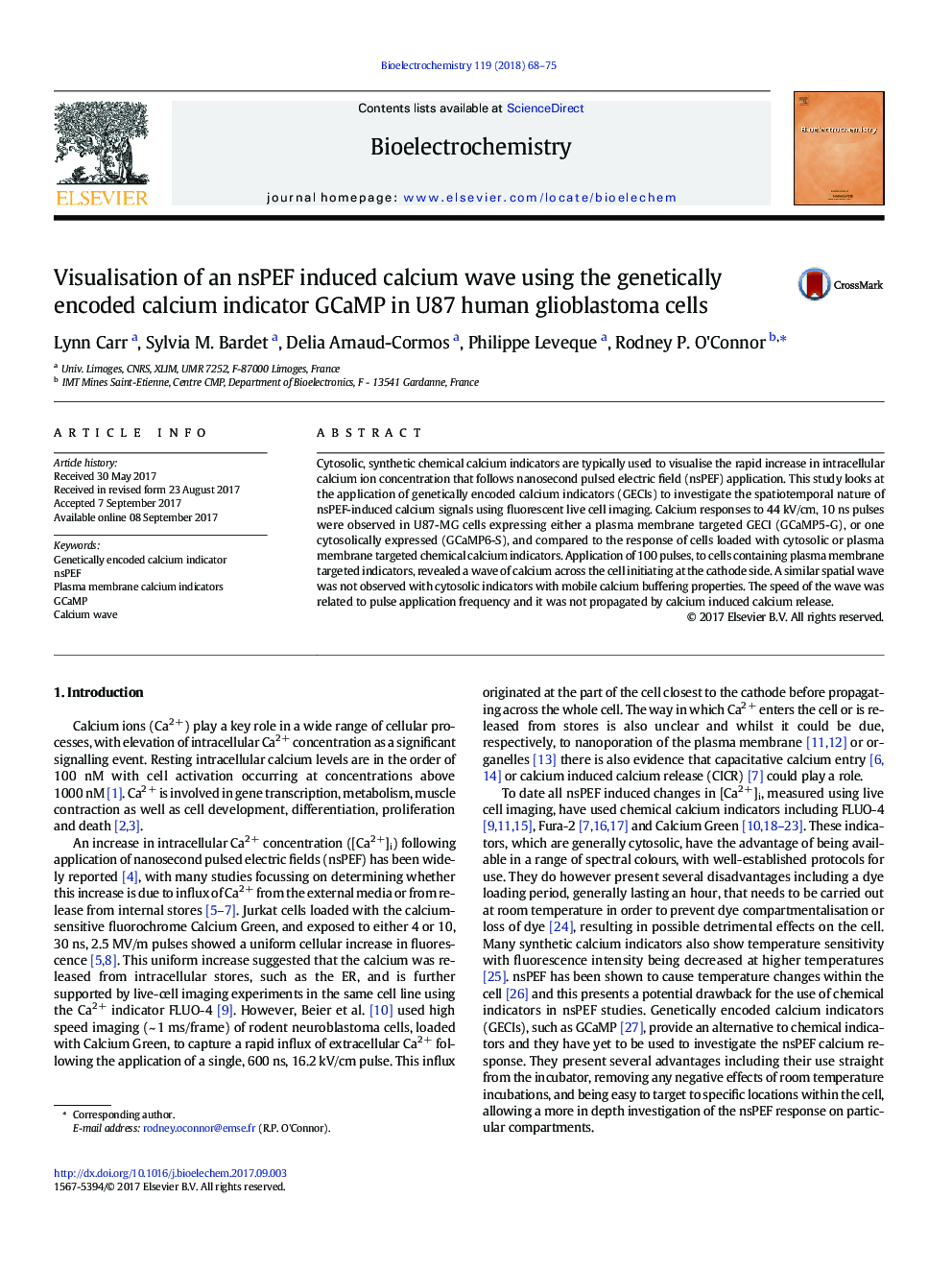 Visualisation of an nsPEF induced calcium wave using the genetically encoded calcium indicator GCaMP in U87 human glioblastoma cells