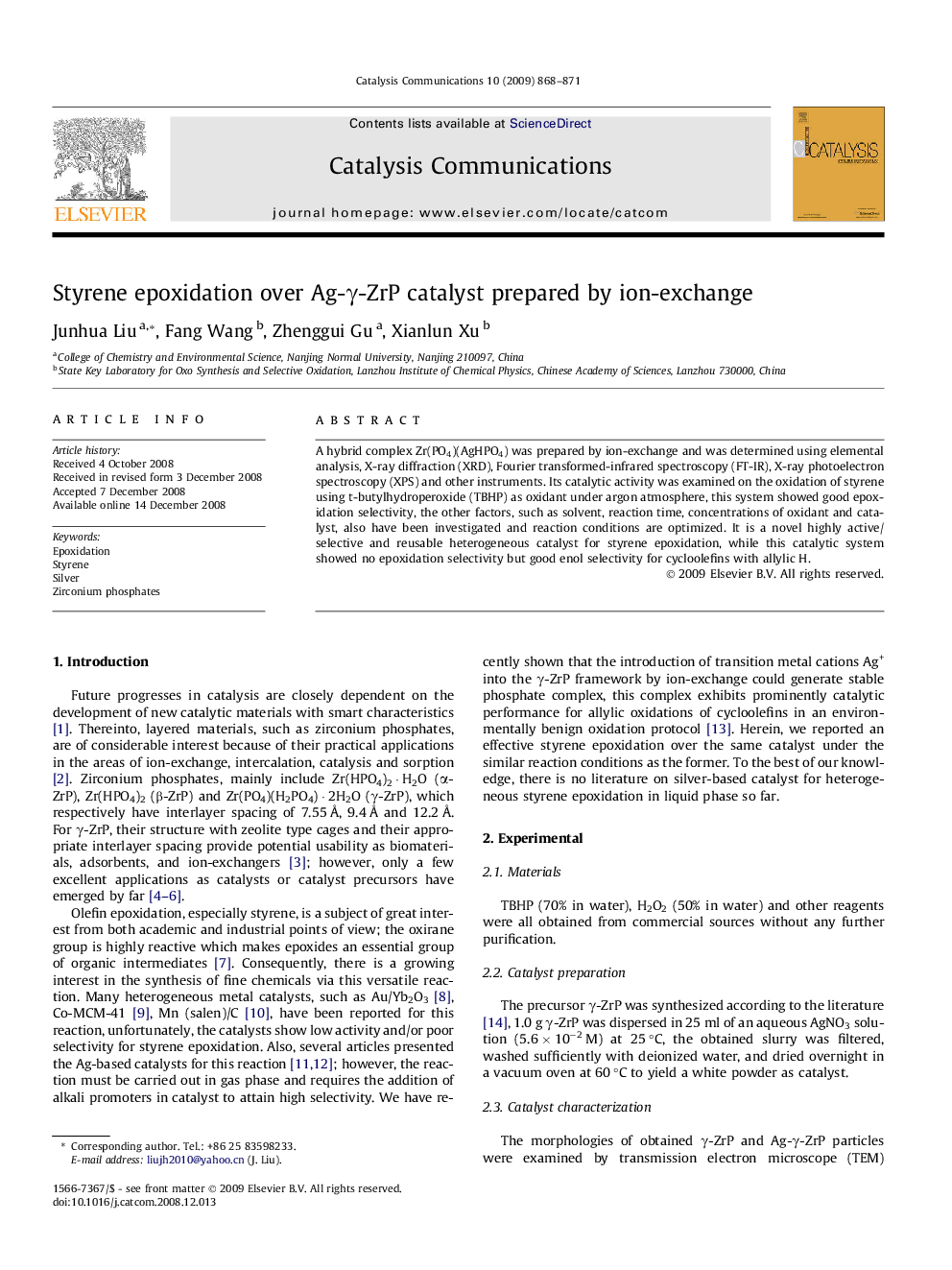 Styrene epoxidation over Ag-γ-ZrP catalyst prepared by ion-exchange