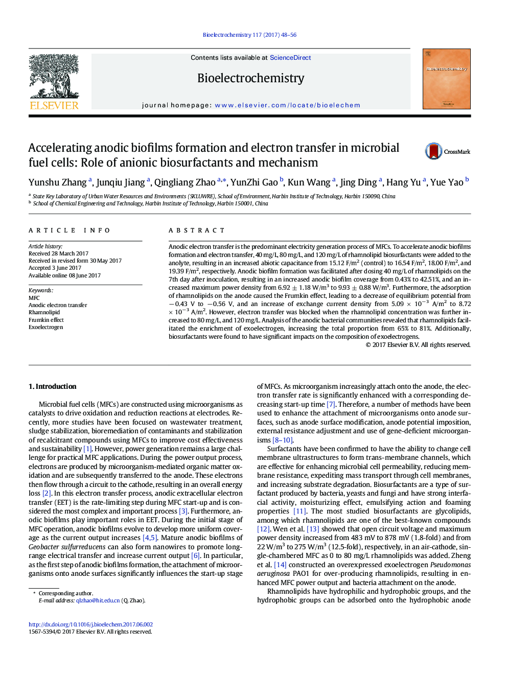 Accelerating anodic biofilms formation and electron transfer in microbial fuel cells: Role of anionic biosurfactants and mechanism