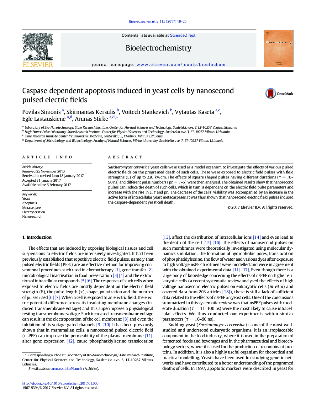 Caspase dependent apoptosis induced in yeast cells by nanosecond pulsed electric fields