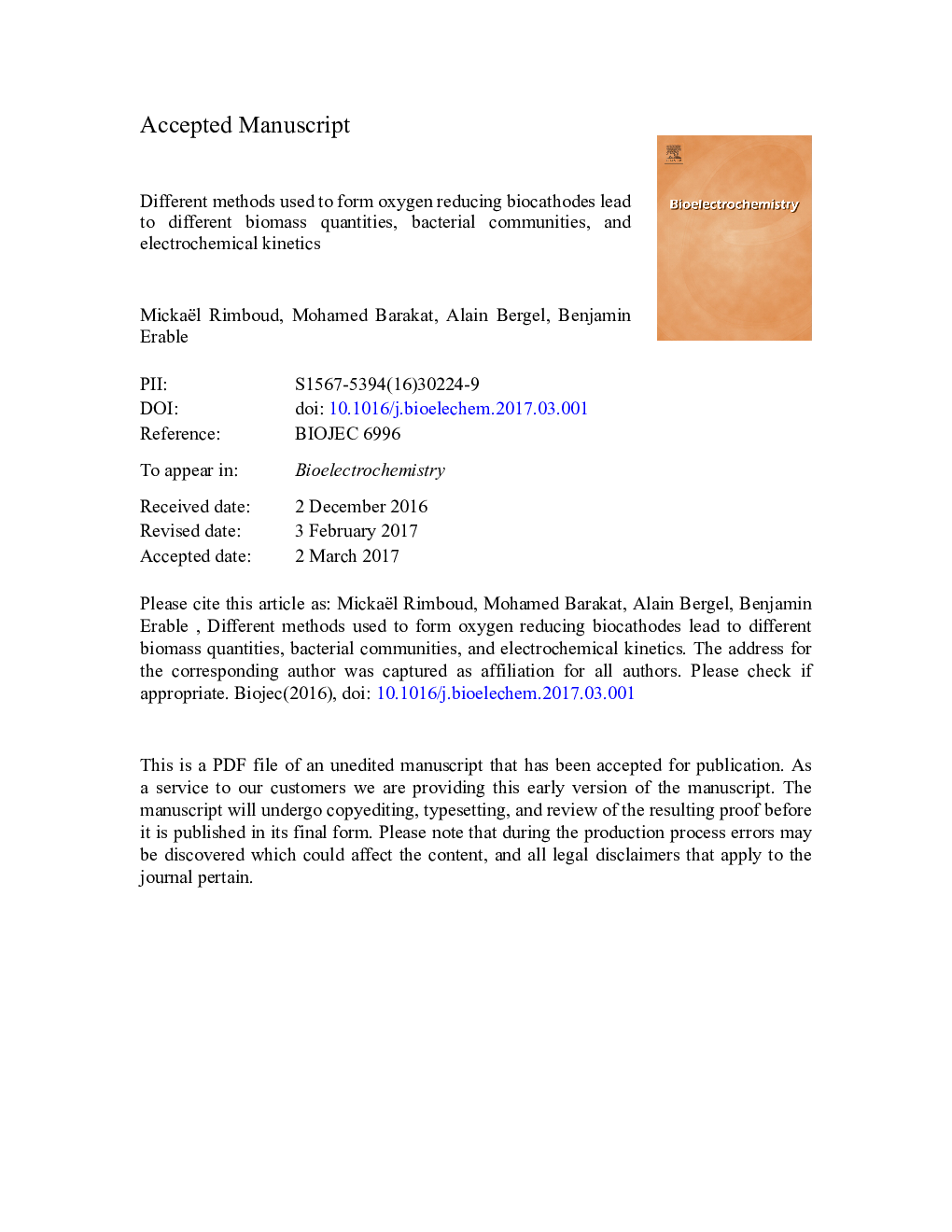 Different methods used to form oxygen reducing biocathodes lead to different biomass quantities, bacterial communities, and electrochemical kinetics