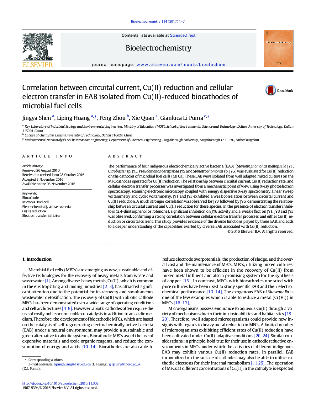 Correlation between circuital current, Cu(II) reduction and cellular electron transfer in EAB isolated from Cu(II)-reduced biocathodes of microbial fuel cells