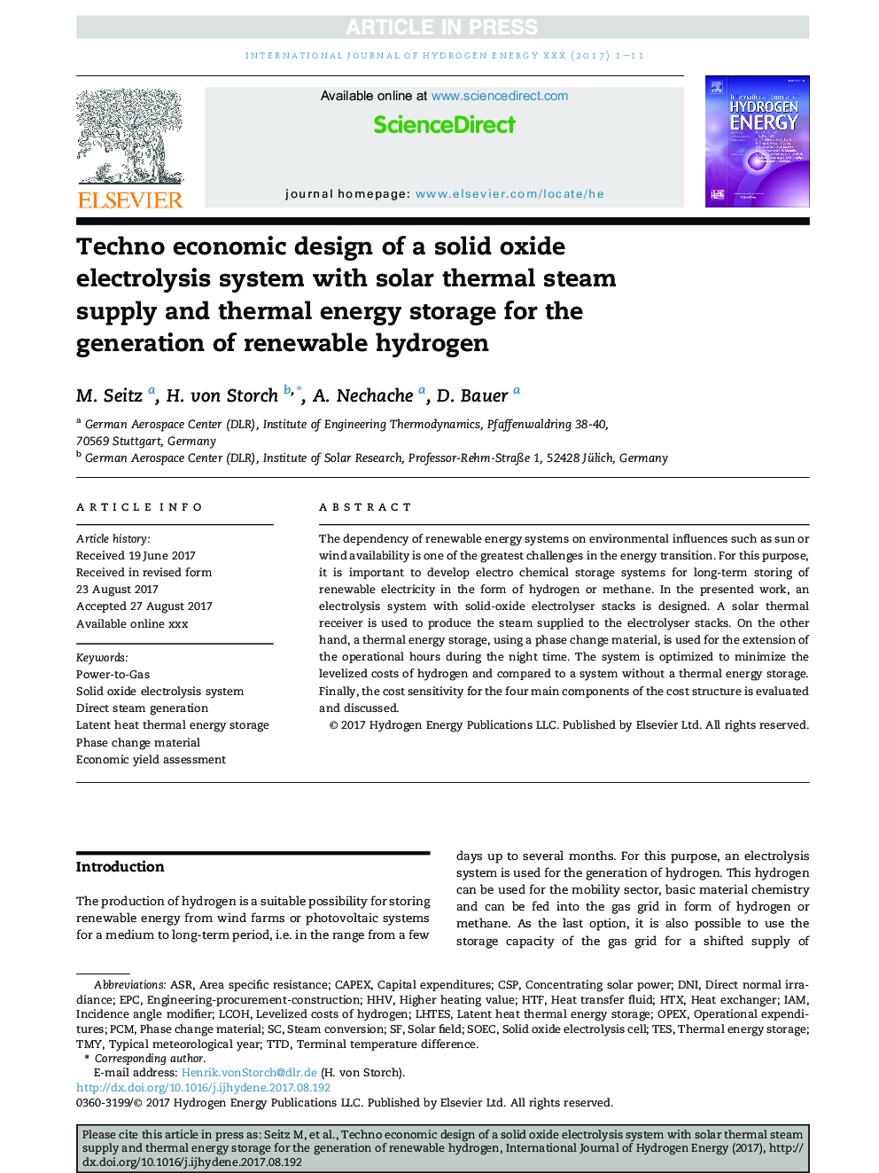 Techno economic design of a solid oxide electrolysis system with solar thermal steam supply and thermal energy storage for the generation of renewable hydrogen