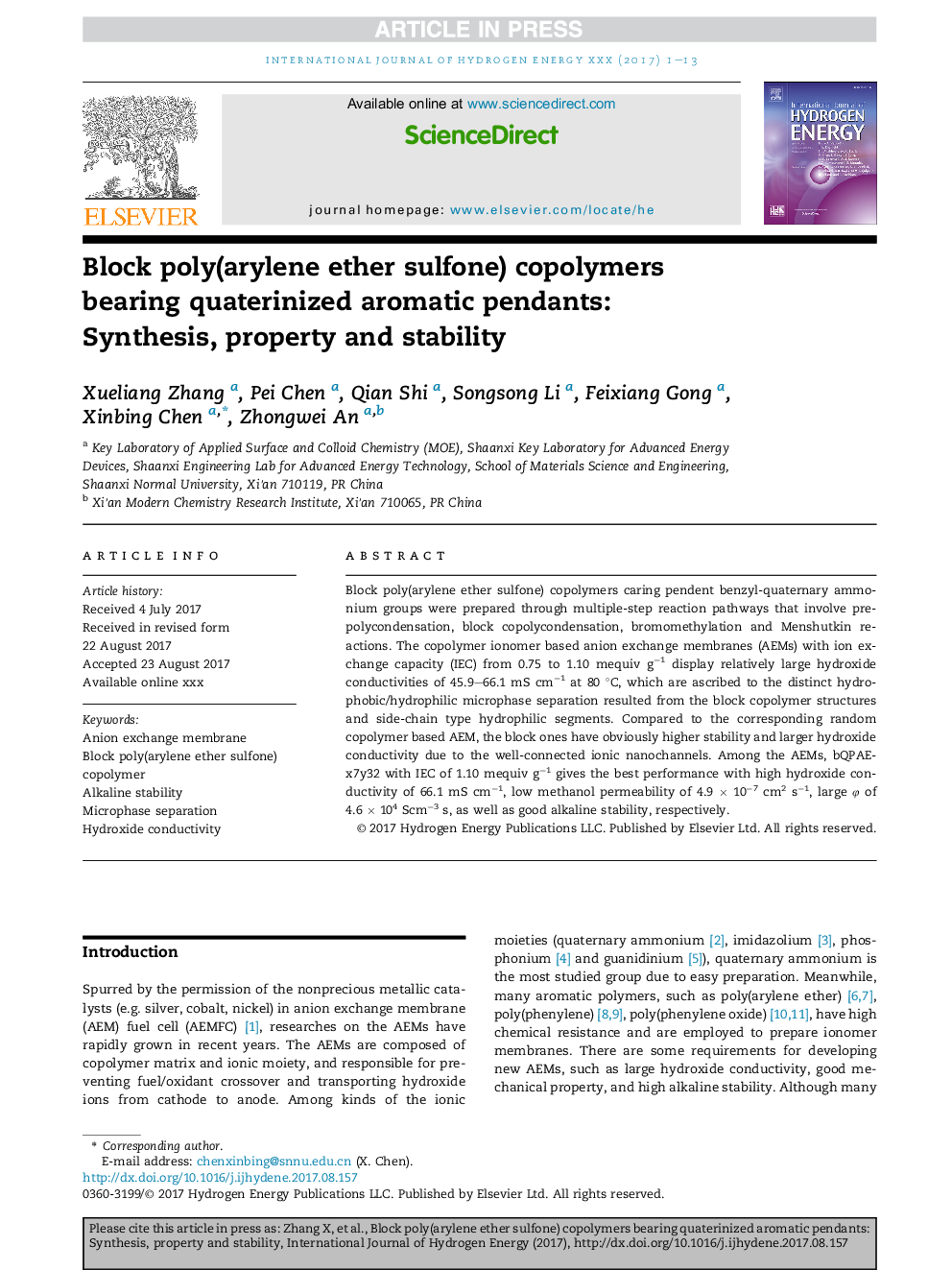 Block poly(arylene ether sulfone) copolymers bearing quaterinized aromatic pendants: Synthesis, property and stability