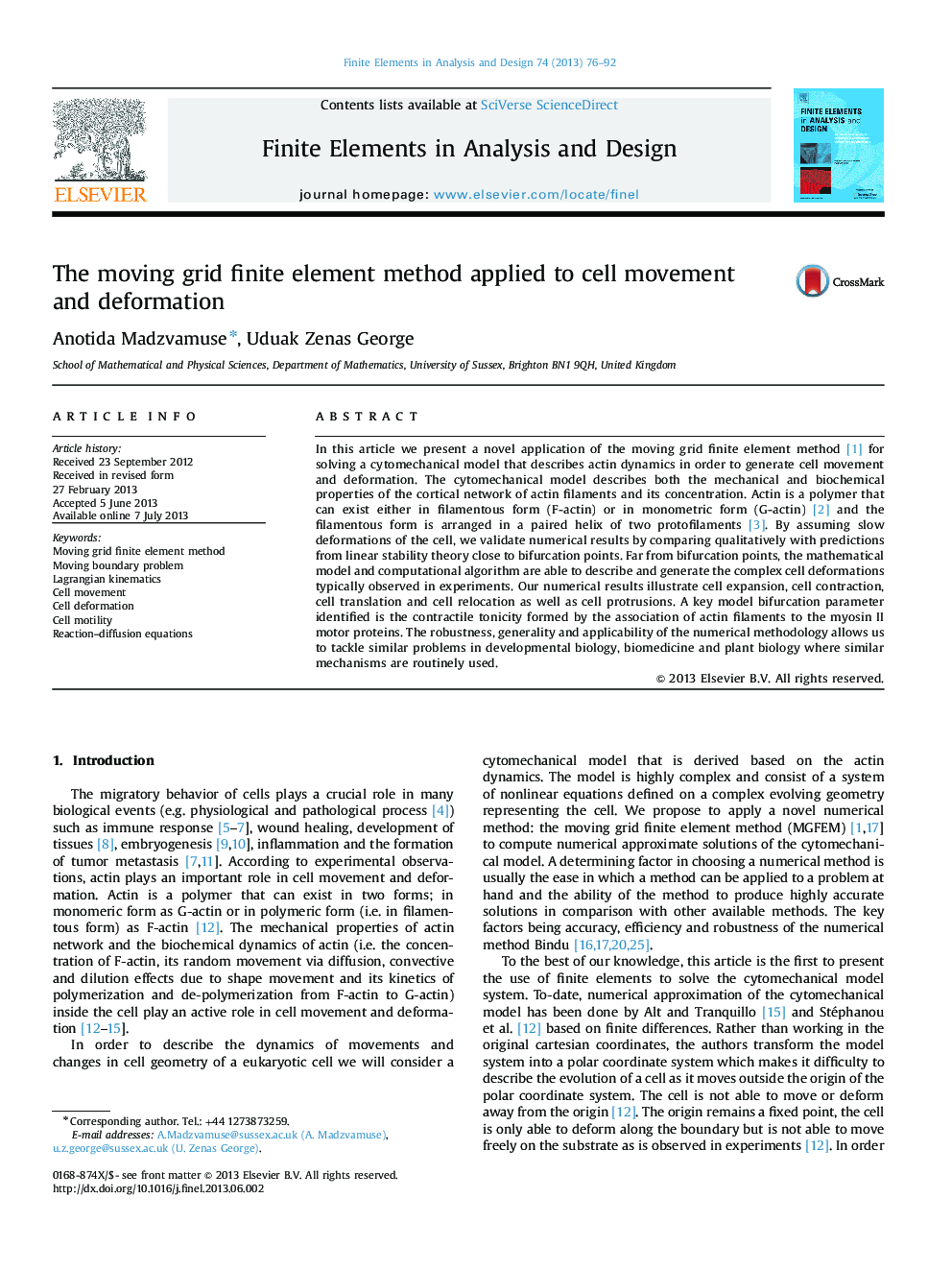 The moving grid finite element method applied to cell movement and deformation