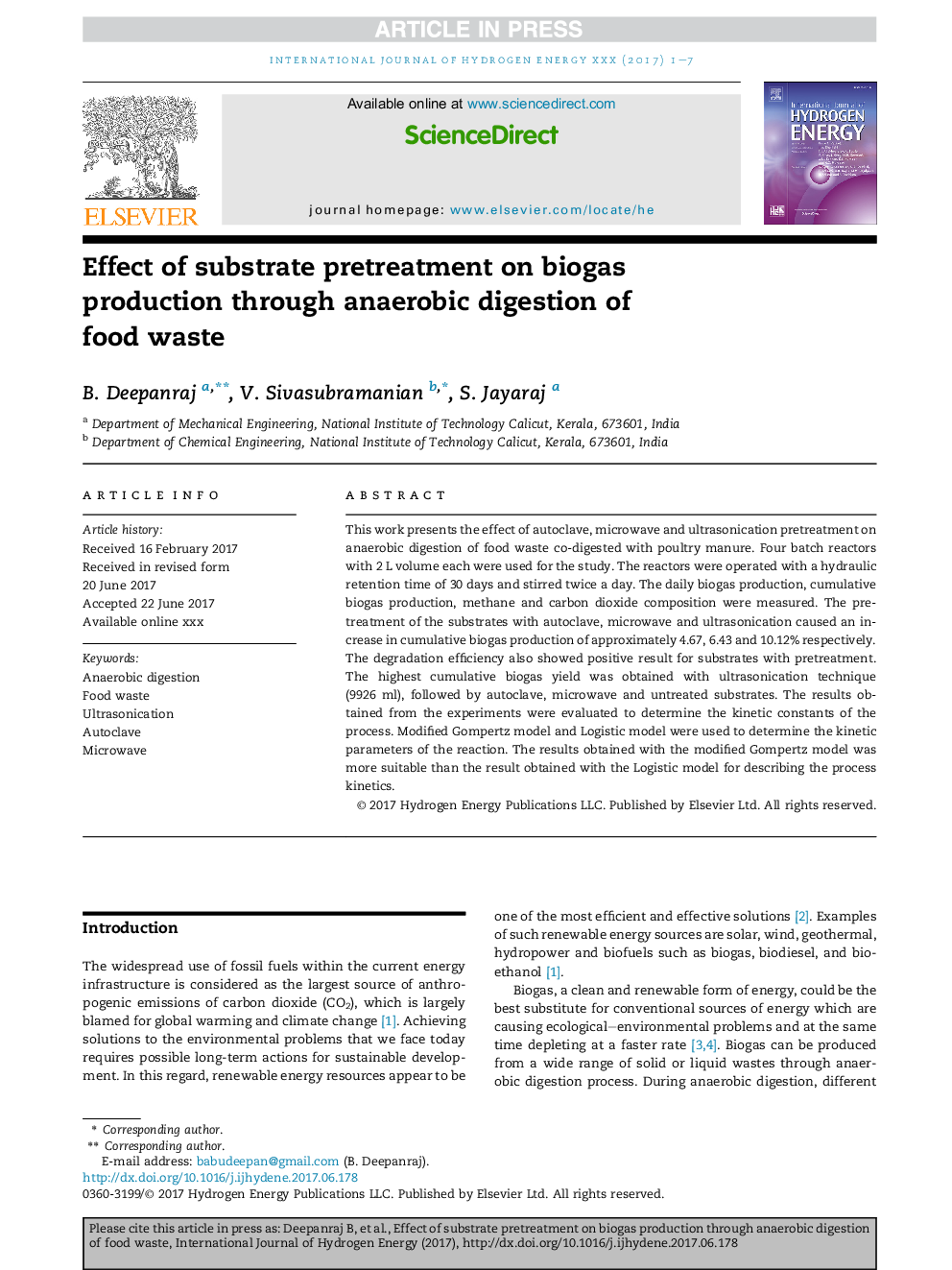 Effect of substrate pretreatment on biogas production through anaerobic digestion of foodÂ waste