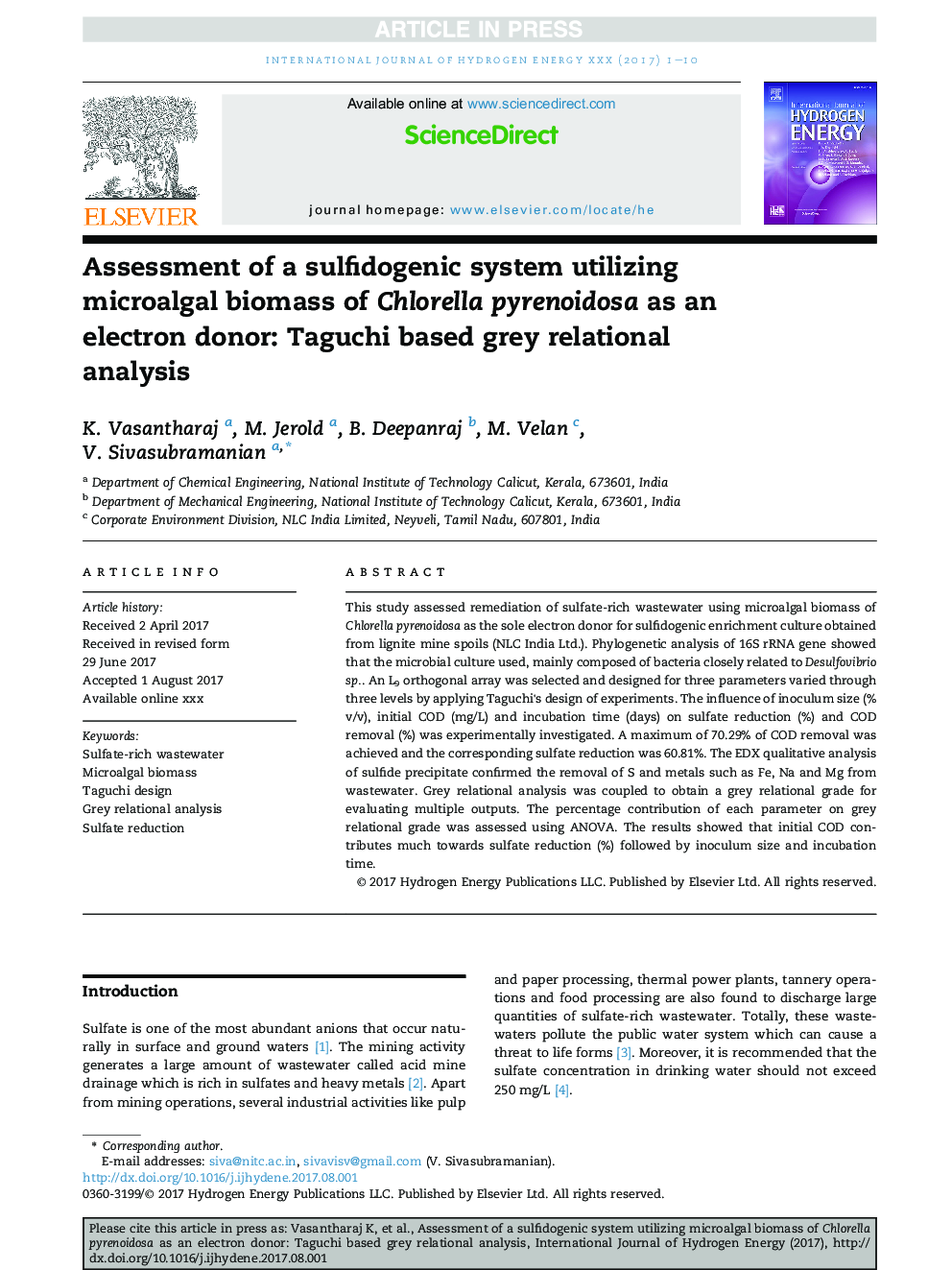 Assessment of a sulfidogenic system utilizing microalgal biomass of Chlorella pyrenoidosa as an electron donor: Taguchi based grey relational analysis