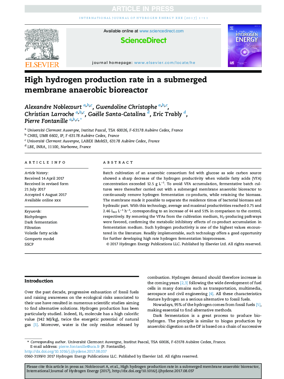 High hydrogen production rate in a submerged membrane anaerobic bioreactor