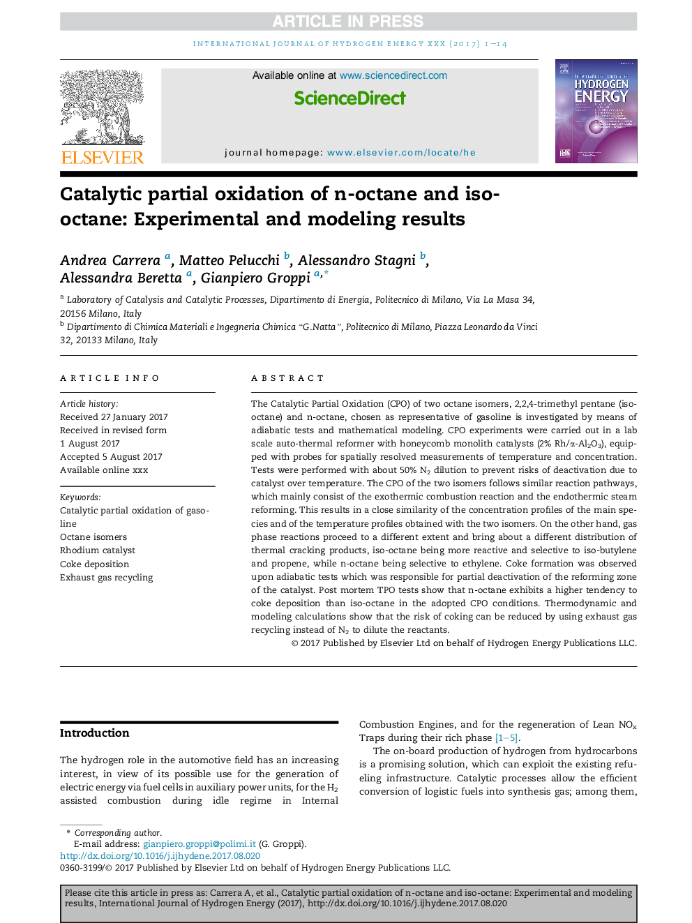 Catalytic partial oxidation of n-octane and iso-octane: Experimental and modeling results