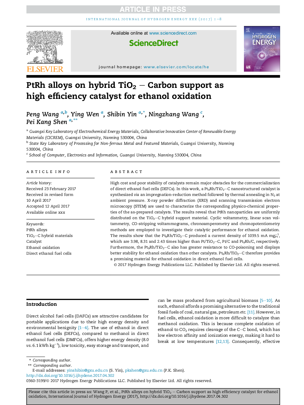 PtRh alloys on hybrid TiO2 - Carbon support as high efficiency catalyst for ethanol oxidation