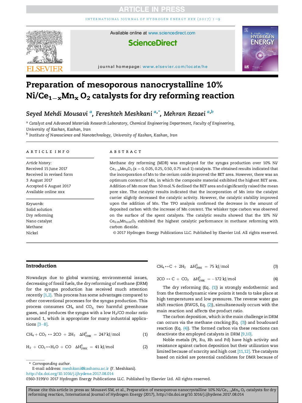 Preparation of mesoporous nanocrystalline 10% Ni/Ce1âxMnx O2 catalysts for dry reforming reaction